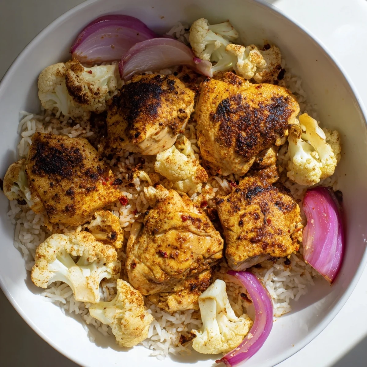 Golden roasted cauliflower chicken sheet pan with tender vegetables, ready to serve with fragrant rice.