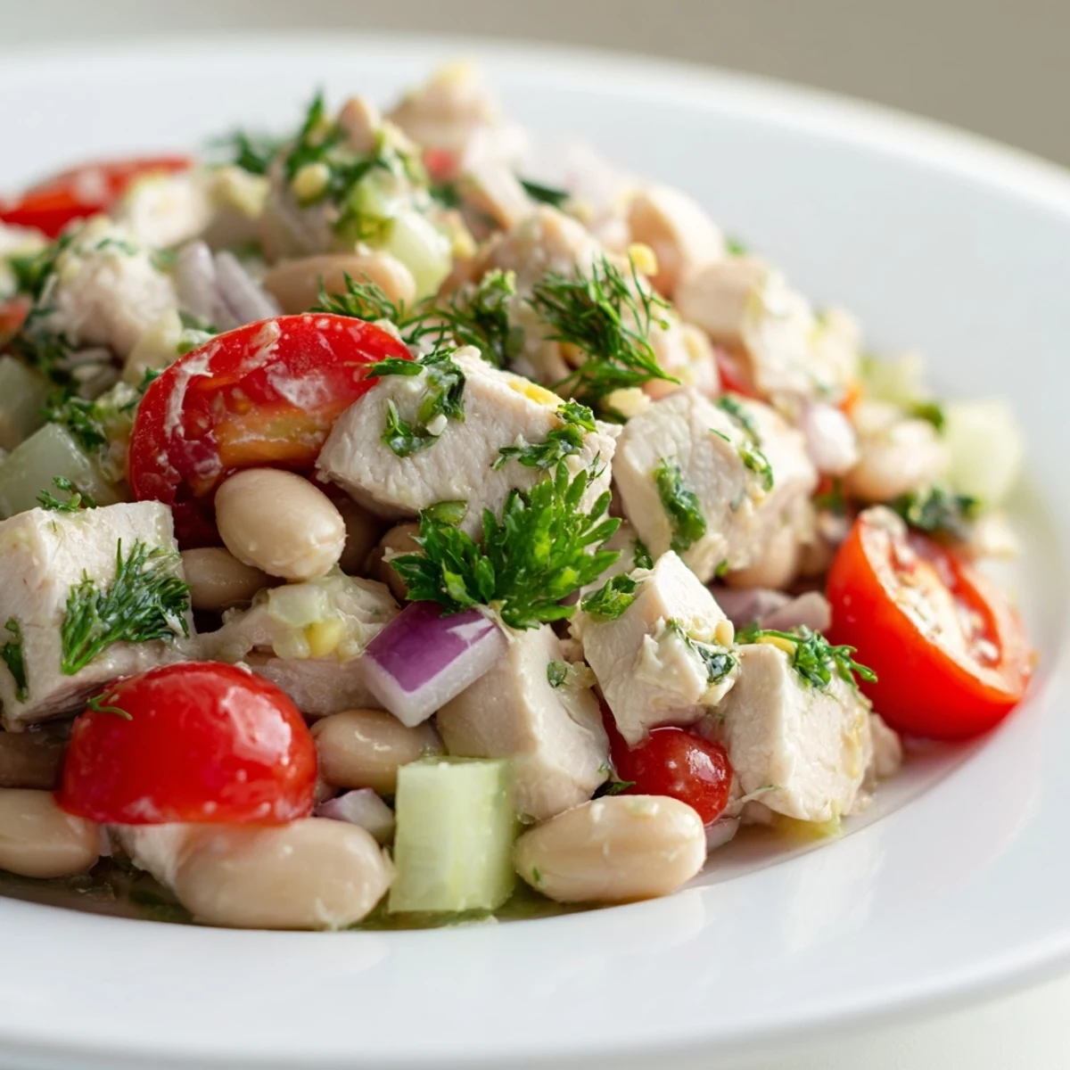 A vibrant bowl of Lemony White Bean Chicken Salad with fresh herbs and tomatoes.