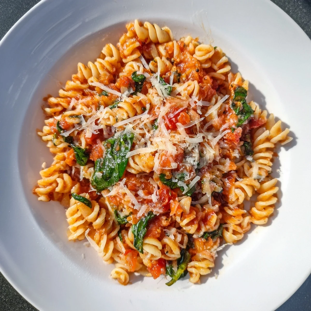 Golden-lit photo of Tomato Spinach One-Pot Rotini, a flavorful vegetarian main dish.