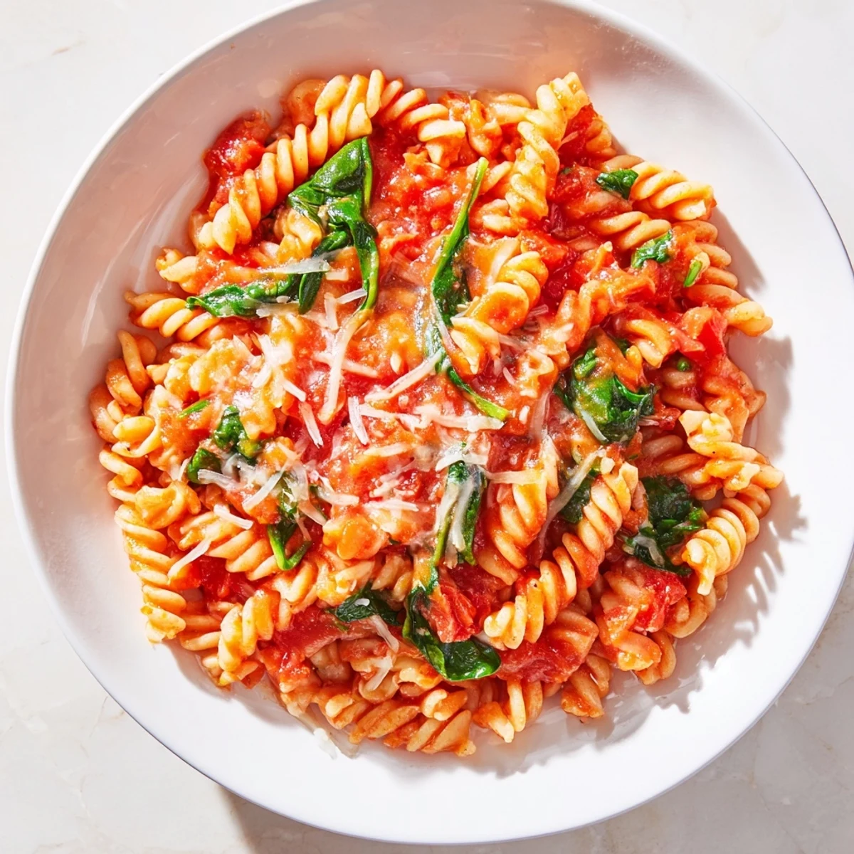A close-up shot of the Tomato Spinach One-Pot Rotini, showcasing juicy tomatoes and perfectly cooked pasta.