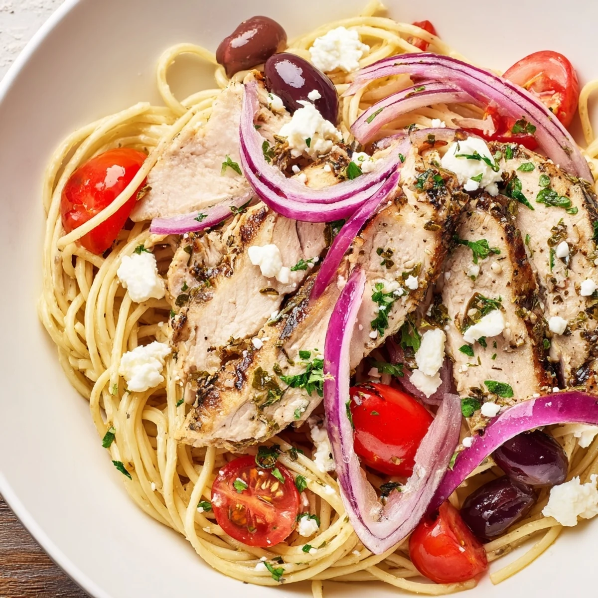 Golden-brown grilled chicken slices top flavorful Greek Chicken Spaghetti with olives and feta cheese.