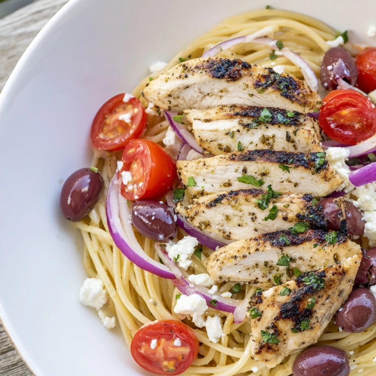 Fresh, vibrant Greek Chicken Spaghetti: a delicious pasta dish with juicy chicken and tomatoes.