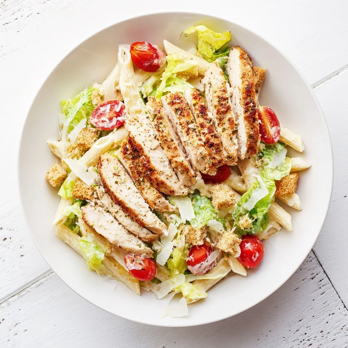 Vibrant Caesar Pasta Chicken Bowl with grilled chicken, romaine, and creamy Caesar dressing, a delicious weeknight meal.