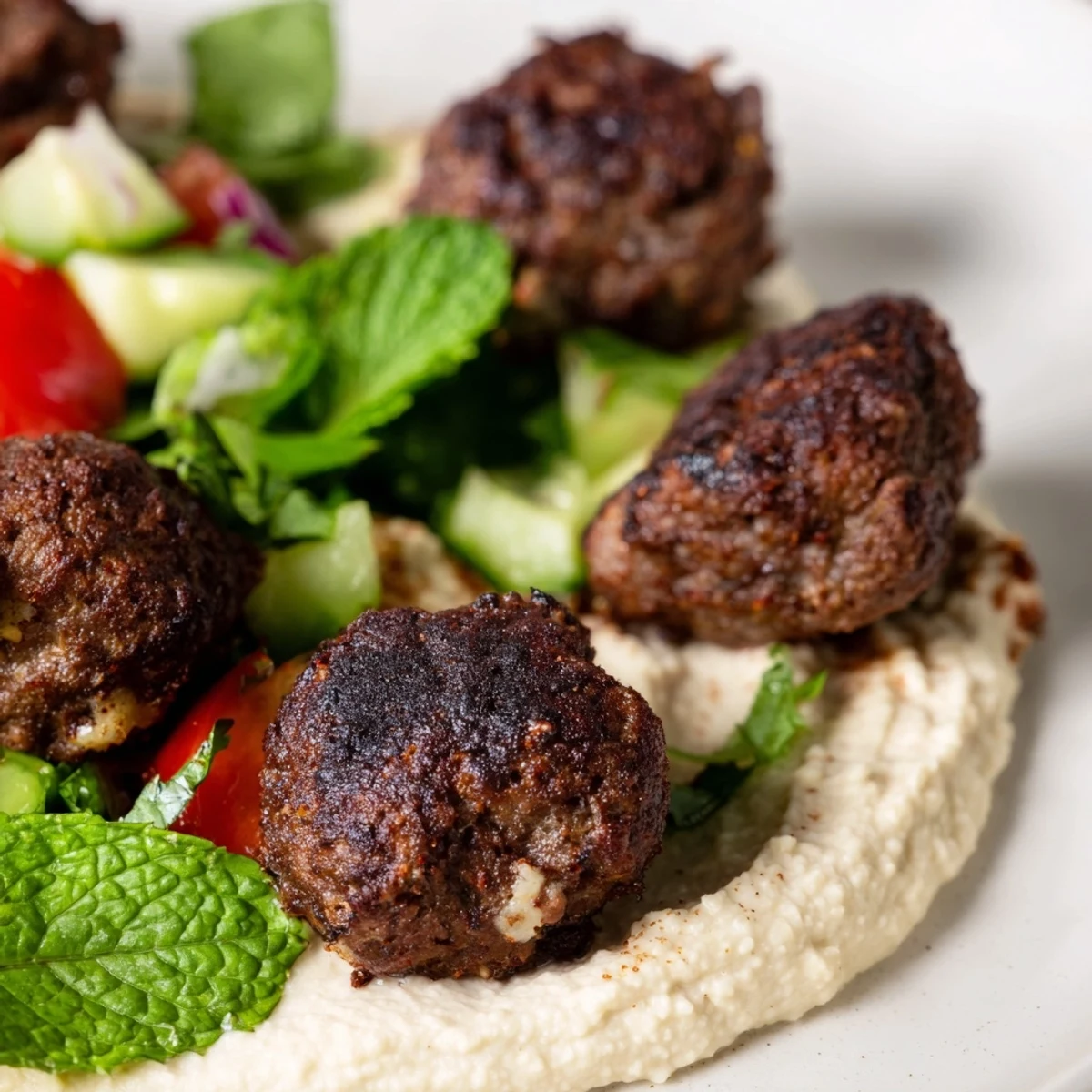 Golden-brown venison meatballs seasoned with warming spices rest beside a vibrant salad and creamy hummus.