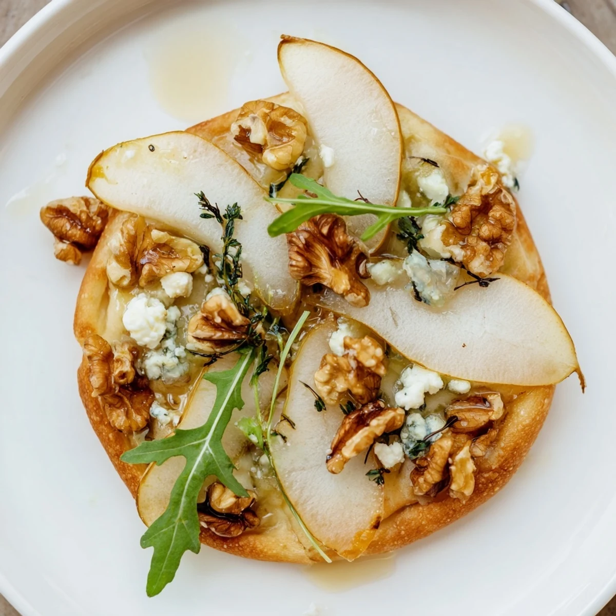 Crisp, golden mini pizzettes topped with sweet pear slices, creamy Gorgonzola, and tangy pickled walnuts.