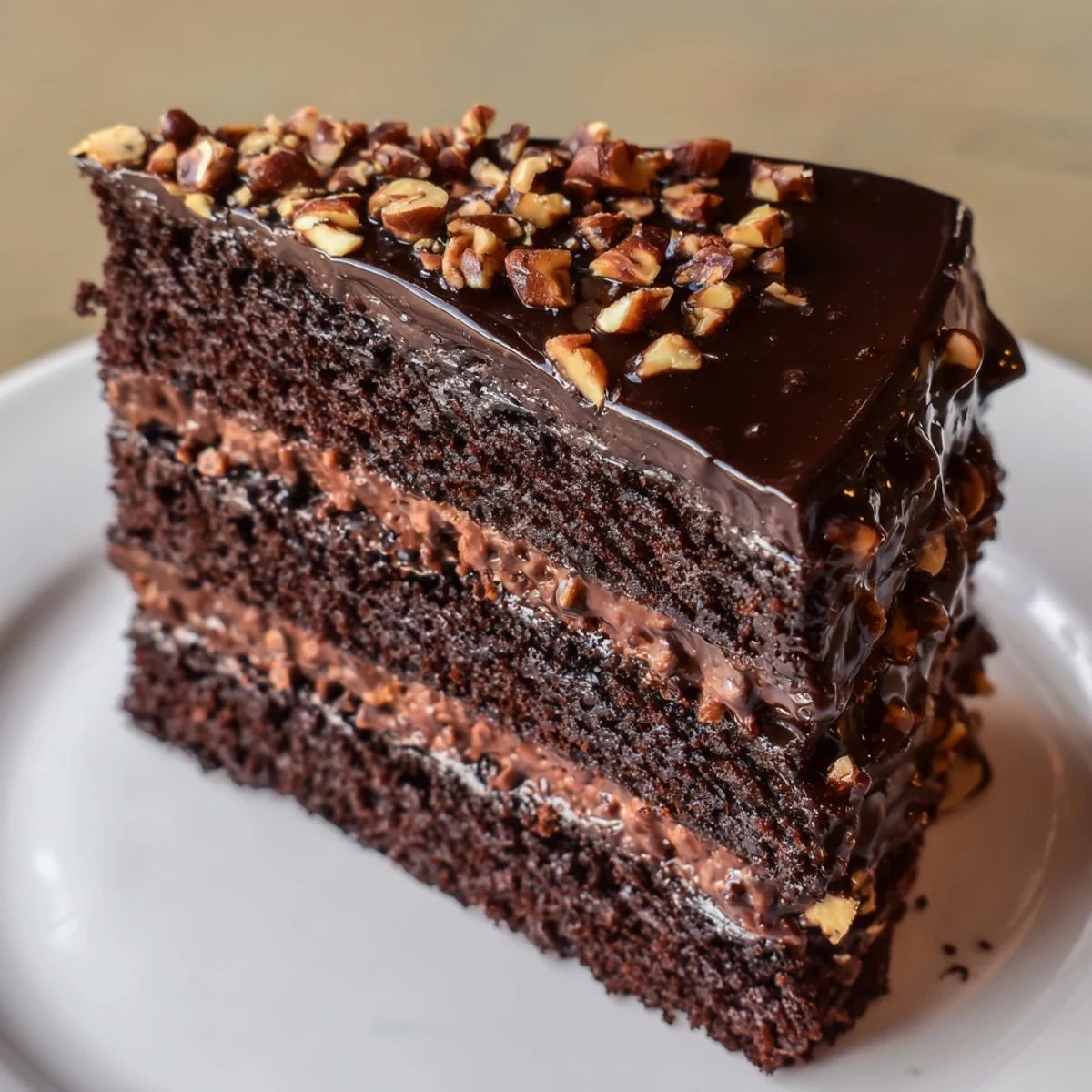 Decadent chocolate celebration cake with rich ganache and hazelnut praline, ready for a celebratory slice with coffee or milk.