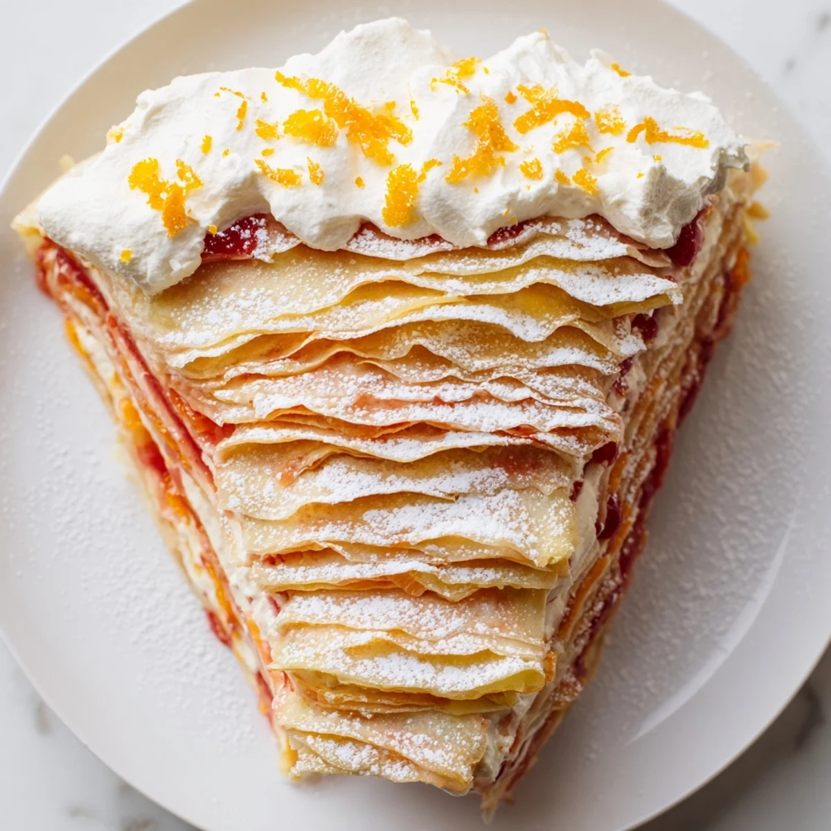Delicate crêpes are layered with tangy blood orange curd and sweet whipped cream in this elegant, chilled dessert perfect for spring gatherings.