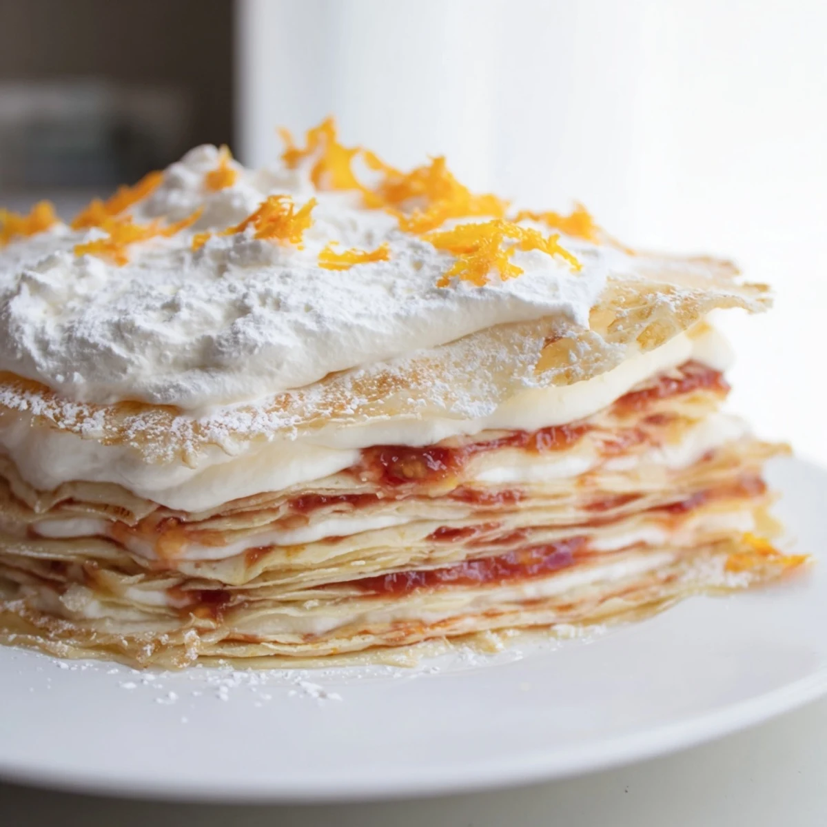 Sunlight highlights the glossy, vibrant blood orange curd and powdered sugar dusting on this impressive, multi-layered crêpe cake.