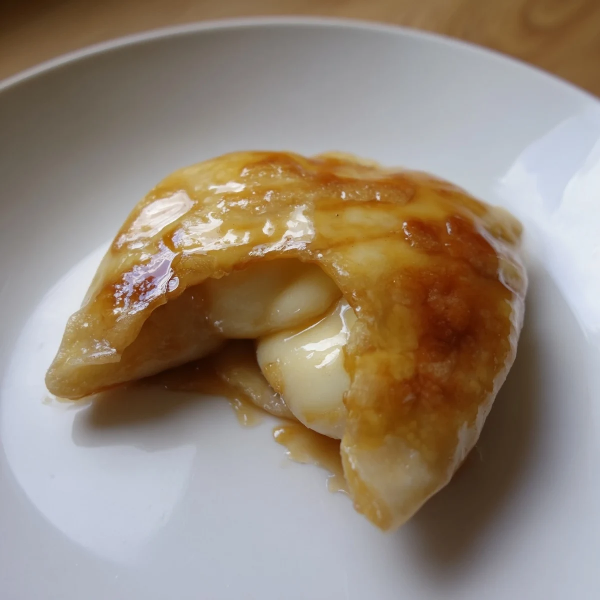 Golden-brown pan-fried Chīzu Imomochi dumplings, their potato mochi exterior crispy and chewy, filled with melty mozzarella and drizzled with sticky soy-honey glaze, served warm and garnished with fresh scallions on a rustic wooden plate.  