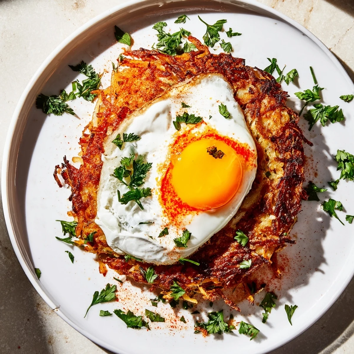Crispy, golden-brown celeriac rösti topped with a dollop of spicy harissa yogurt and a sunny-side-up fried egg.  