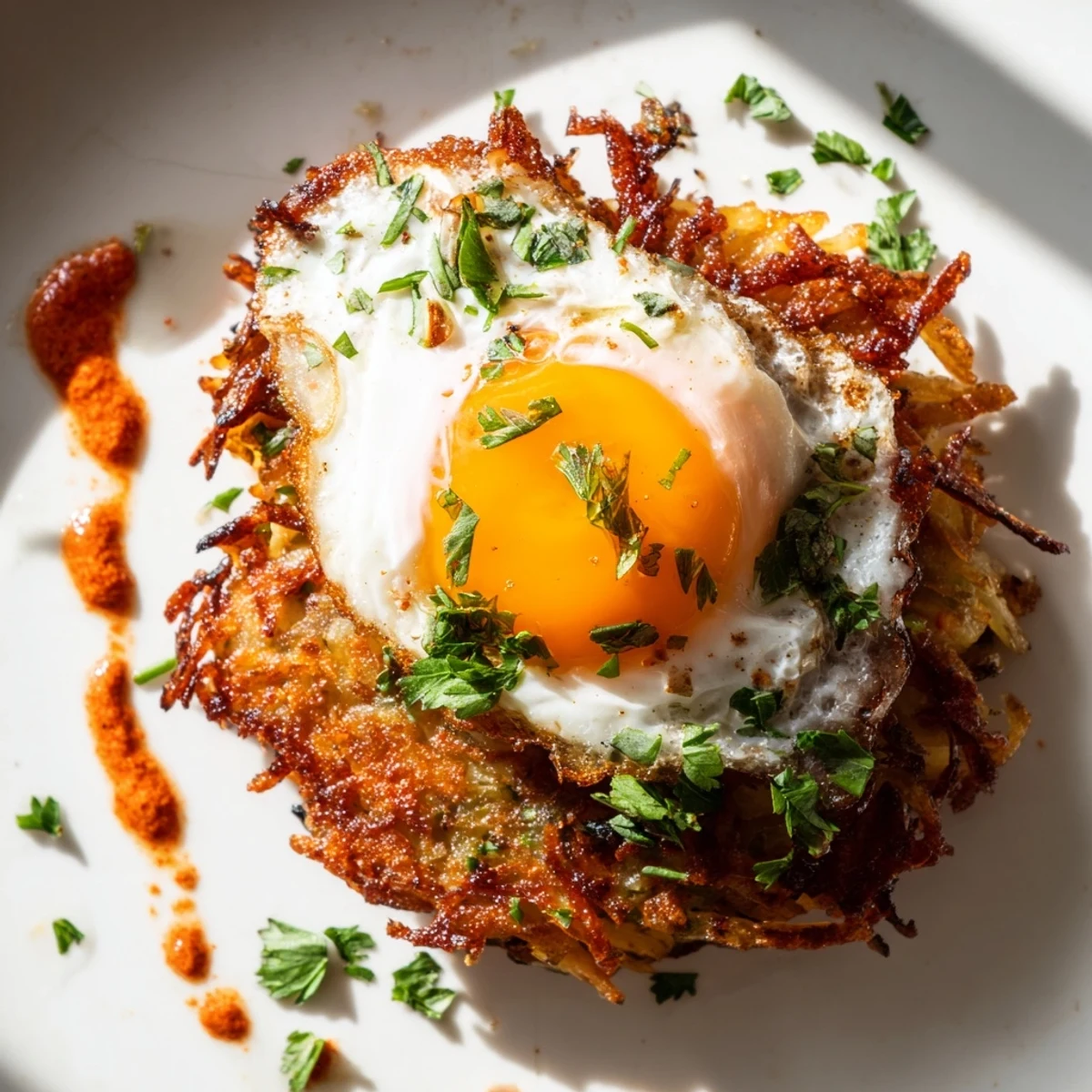 A close-up of savory celeriac rösti with vibrant harissa yogurt sauce and a fried egg for a perfect brunch.  