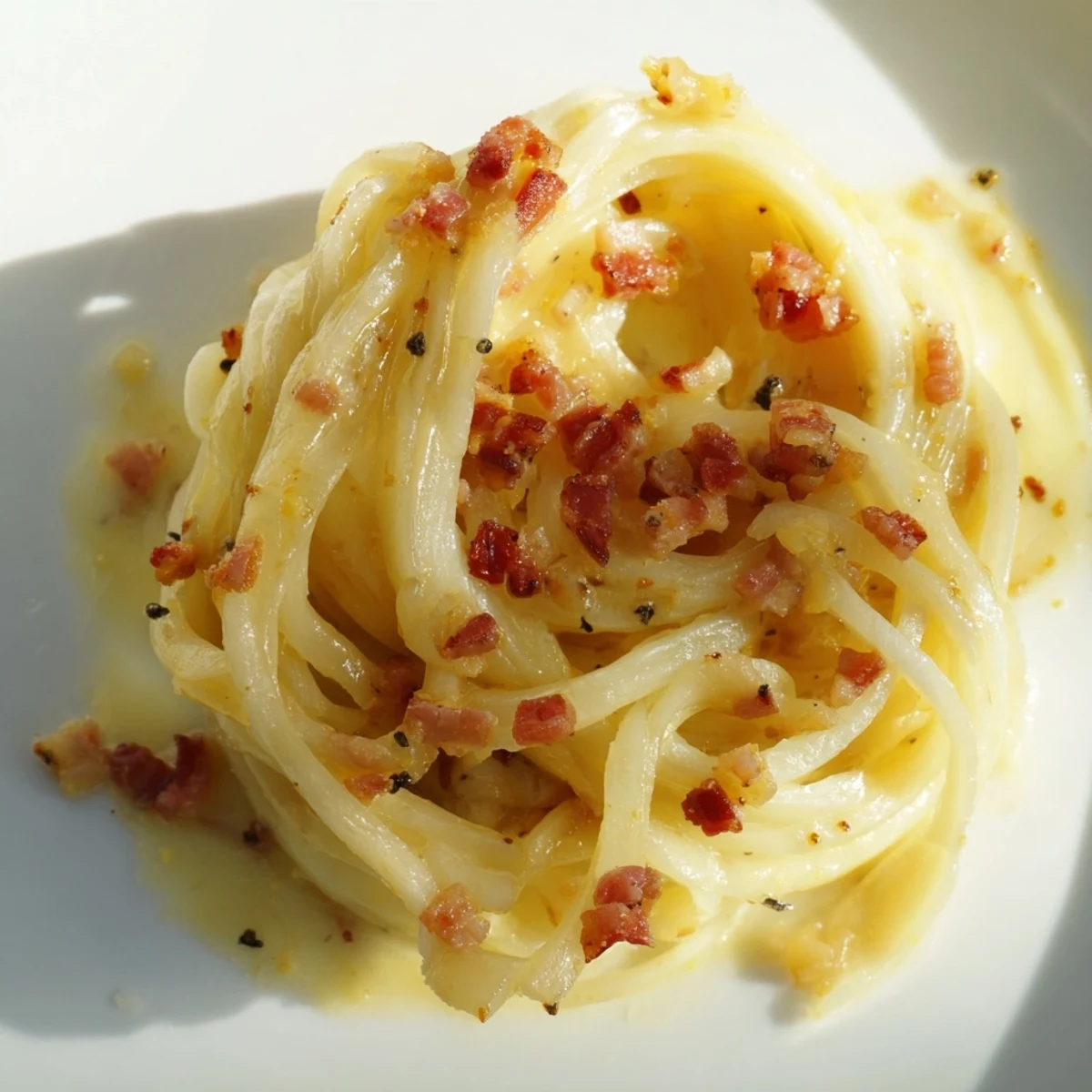 Golden celeriac carbonara noodles glisten with creamy sauce, topped with crispy pancetta and fresh Parmesan.  