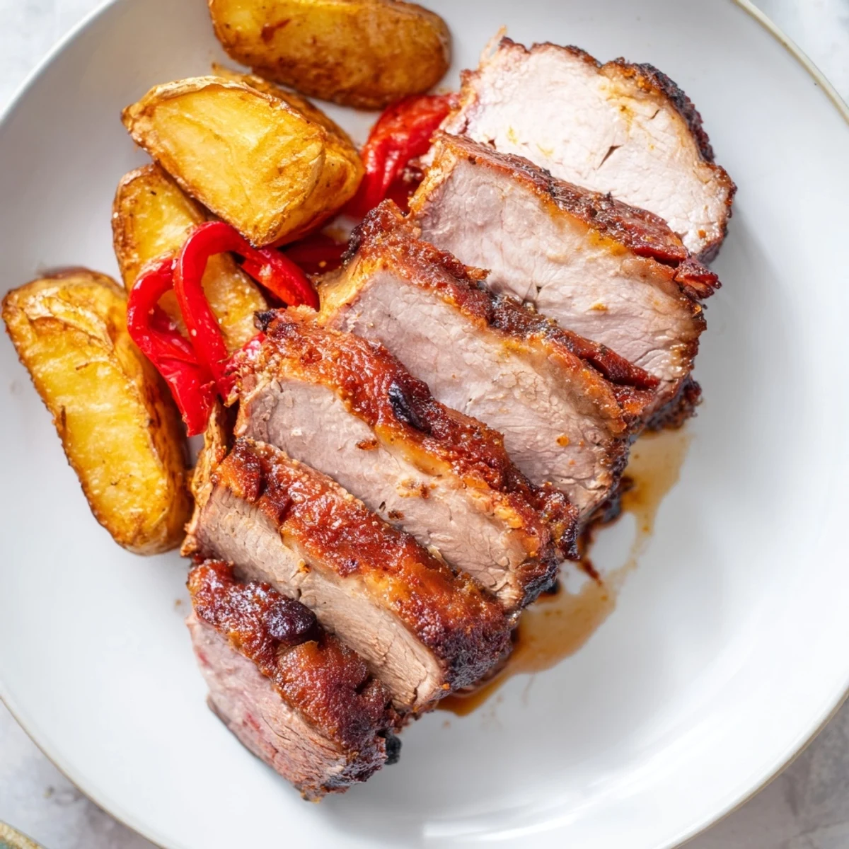 Sliced marinated Ibérico pork fillet with golden roast potatoes and tender red peppers, plated for a Spanish-inspired dinner.  