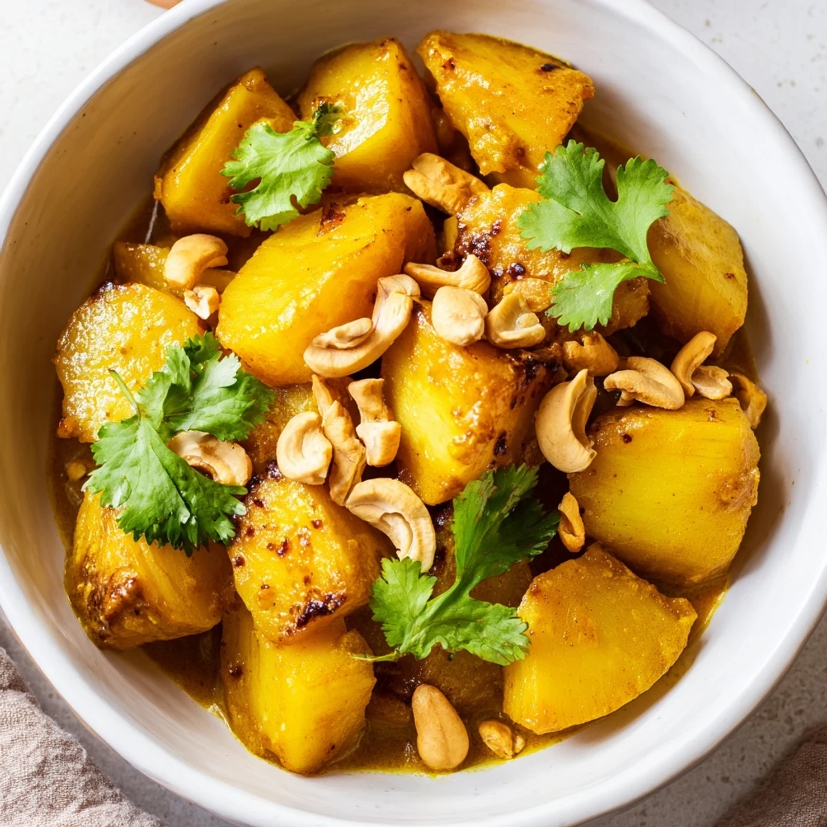 Golden roasted celeriac chunks simmer in a creamy coconut curry sauce, garnished with cilantro and cashews.