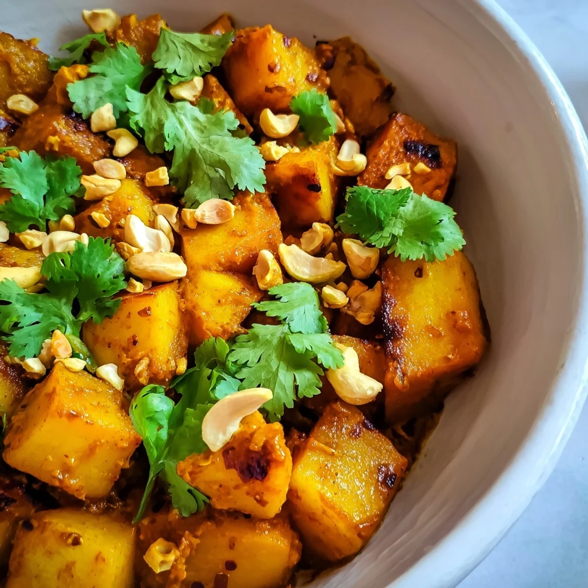 Vibrant Curried Celeriac plated with fresh cilantro and a lime wedge, a perfect gluten-free side.