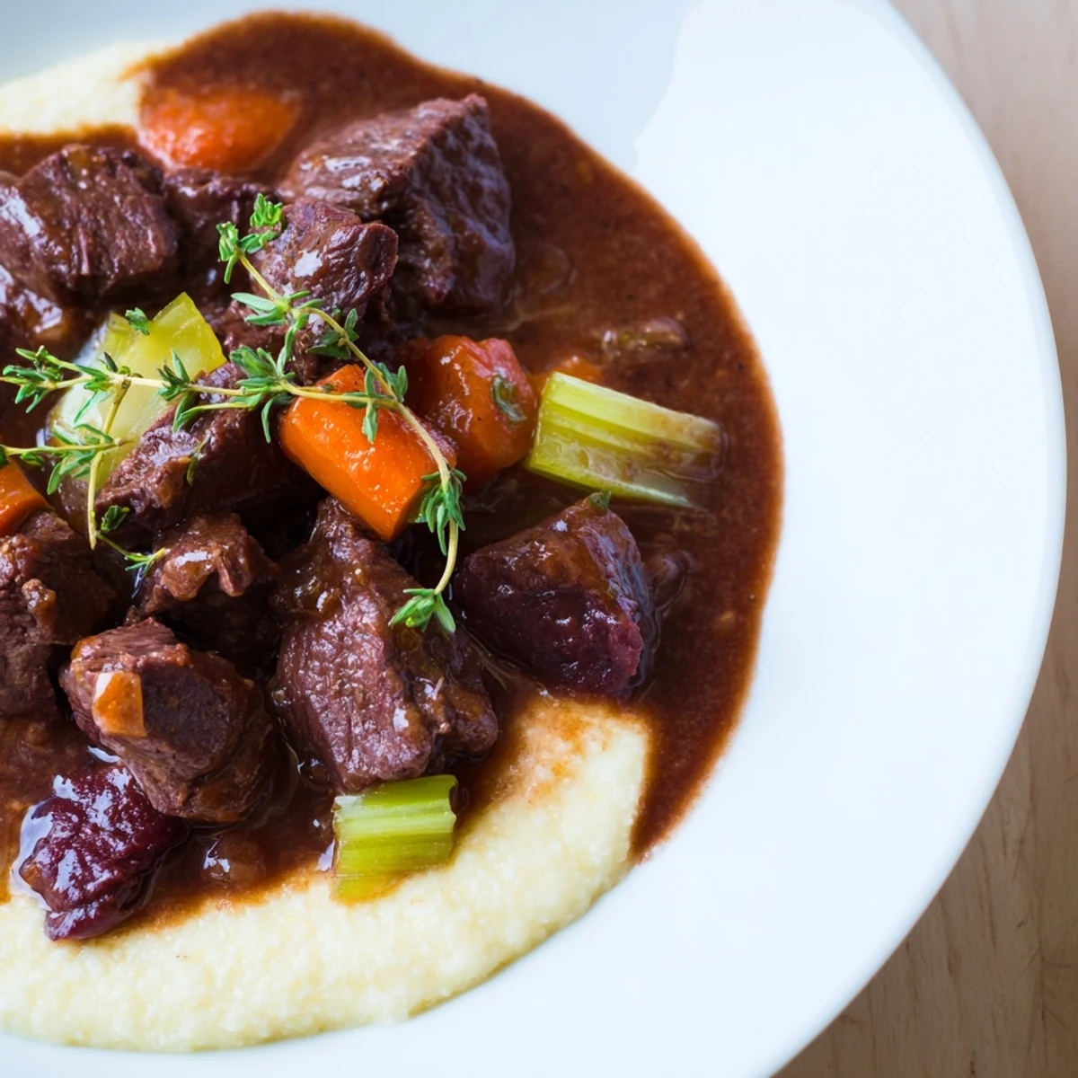 Steaming Venison Stew with Sloe Gin and Polenta in a cast iron pot, ready for a hearty winter family dinner.