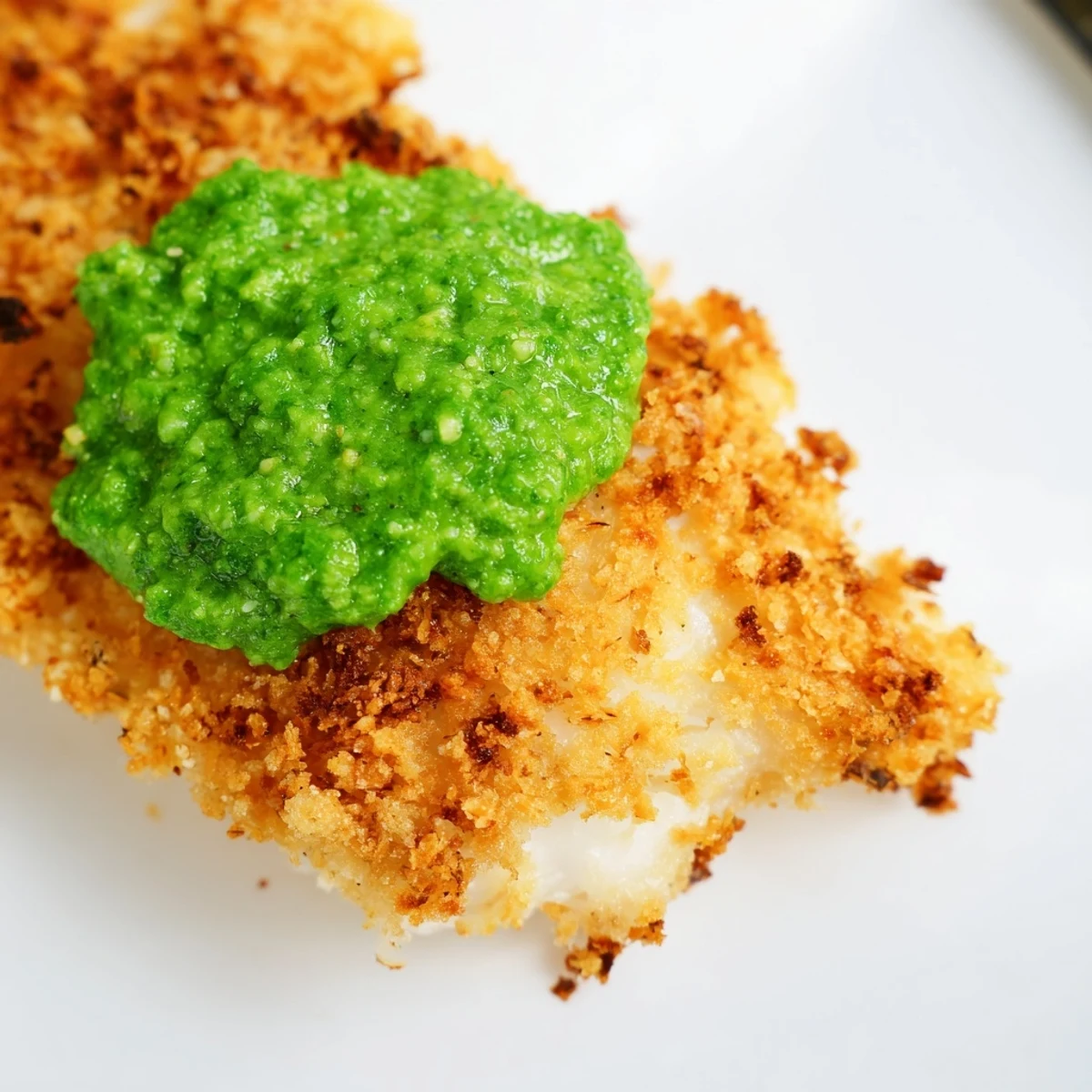 Golden-brown haddock goujons with a Parmesan crust, served with vibrant pea pesto and lemon wedges.