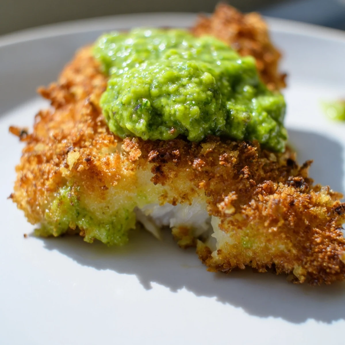 Crispy haddock goujons coated in Parmesan breadcrumbs, plated with creamy pea pesto and salad.
