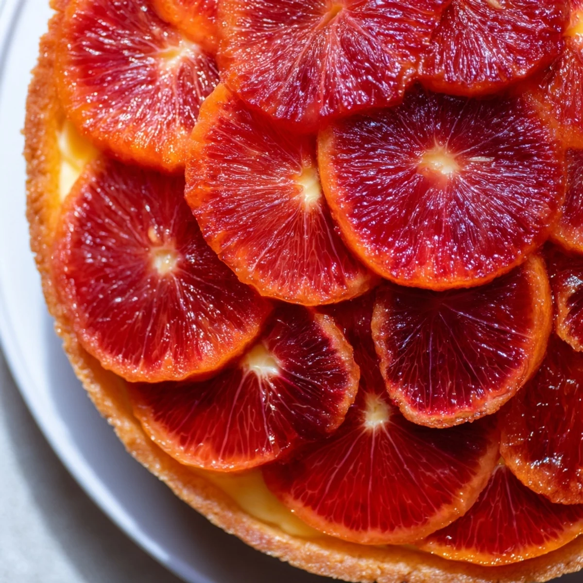 Six individual Blood Orange Tarts with silky vanilla custard and vibrant citrus slices on a serving plate.  