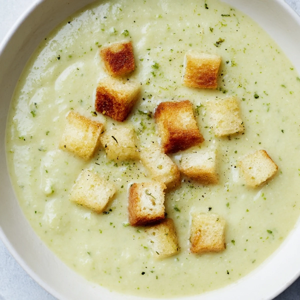 Creamy cauliflower and broccoli soup in a rustic bowl, topped with golden, crunchy homemade croutons.