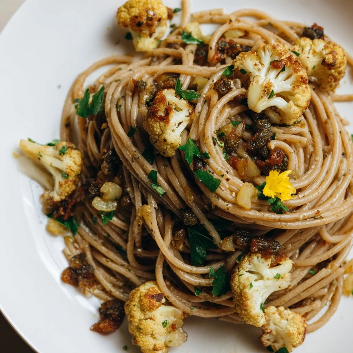 Roasted cauliflower and anchovy spaghetti tossed with sweet raisins and fresh parsley on a white plate.  