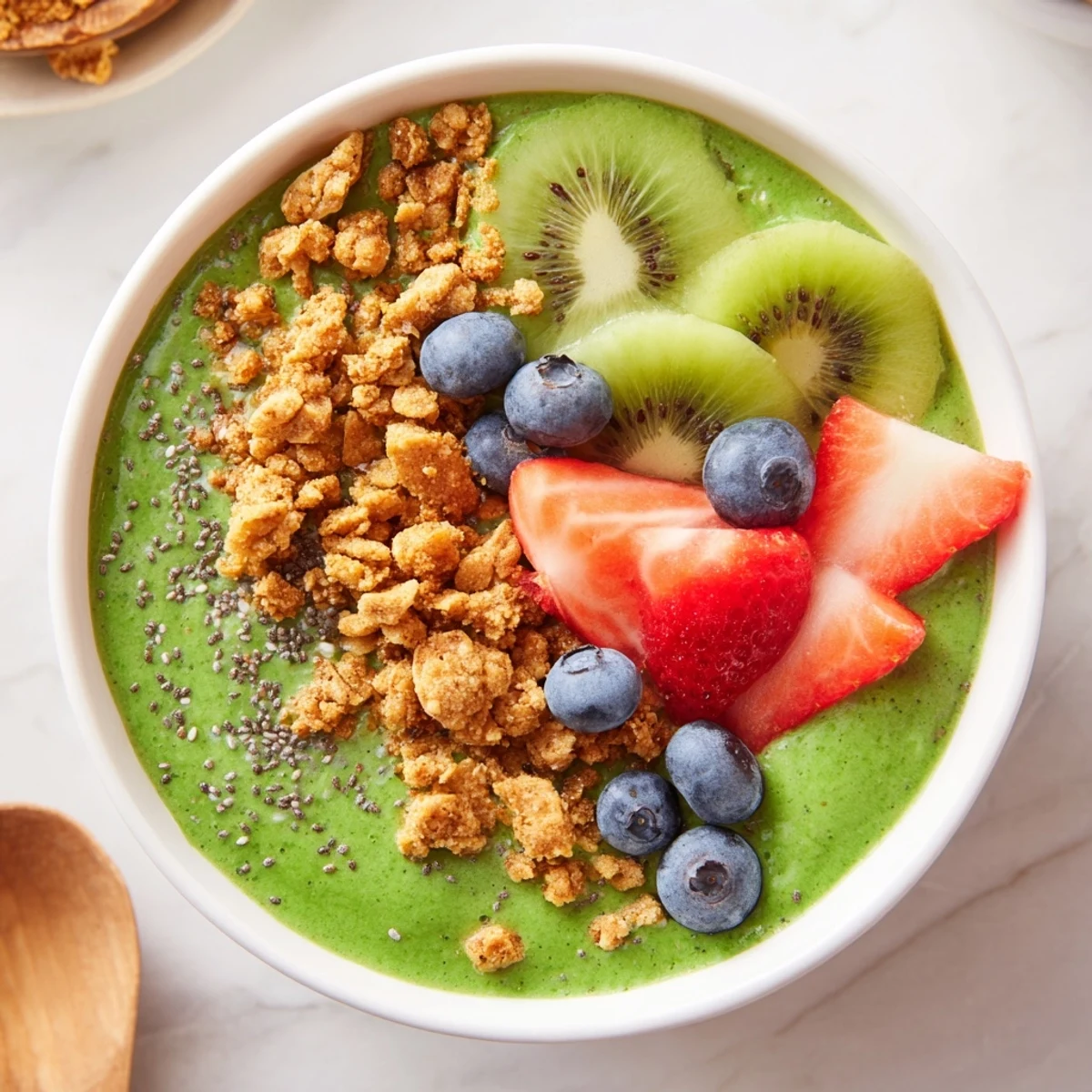 A vibrant Green Smoothie Bowl topped with crunchy granola and fresh fruit, perfect for a healthy breakfast.  