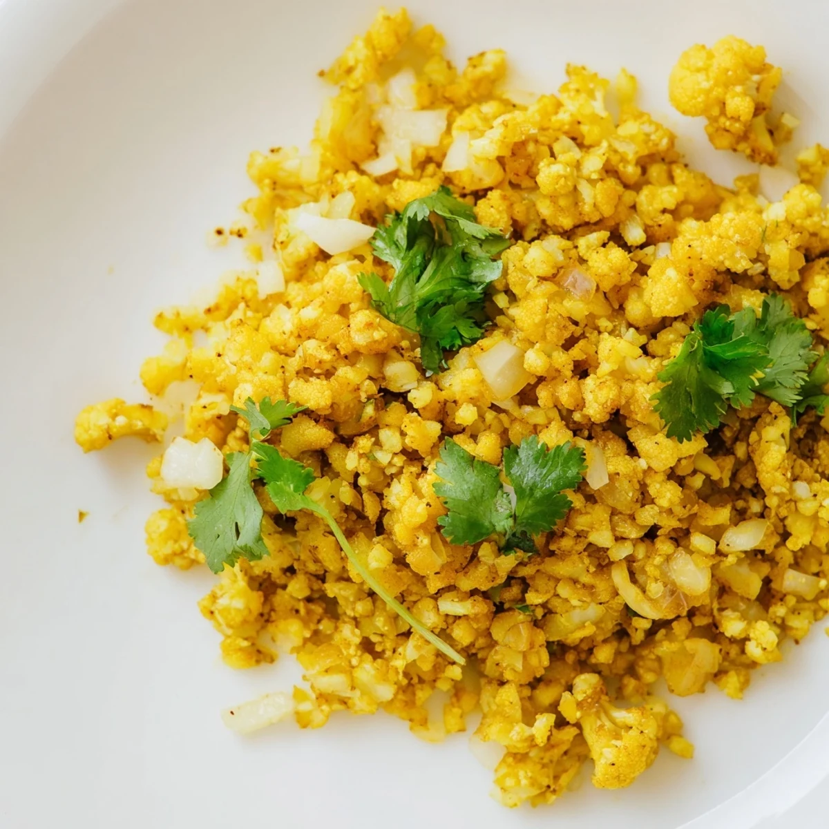 Steaming golden Turmeric Cauliflower Rice in a skillet, the warm, nutty aroma of cumin fills the air before a squeeze of fresh lemon.
