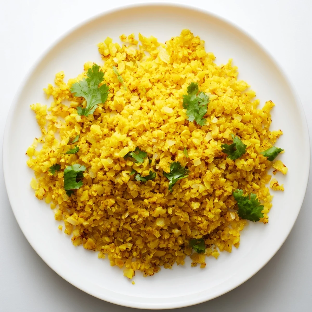 Brightly colored Turmeric Cauliflower Rice tossed with fresh parsley, showcasing fluffy grains as a low-carb alternative to traditional rice.