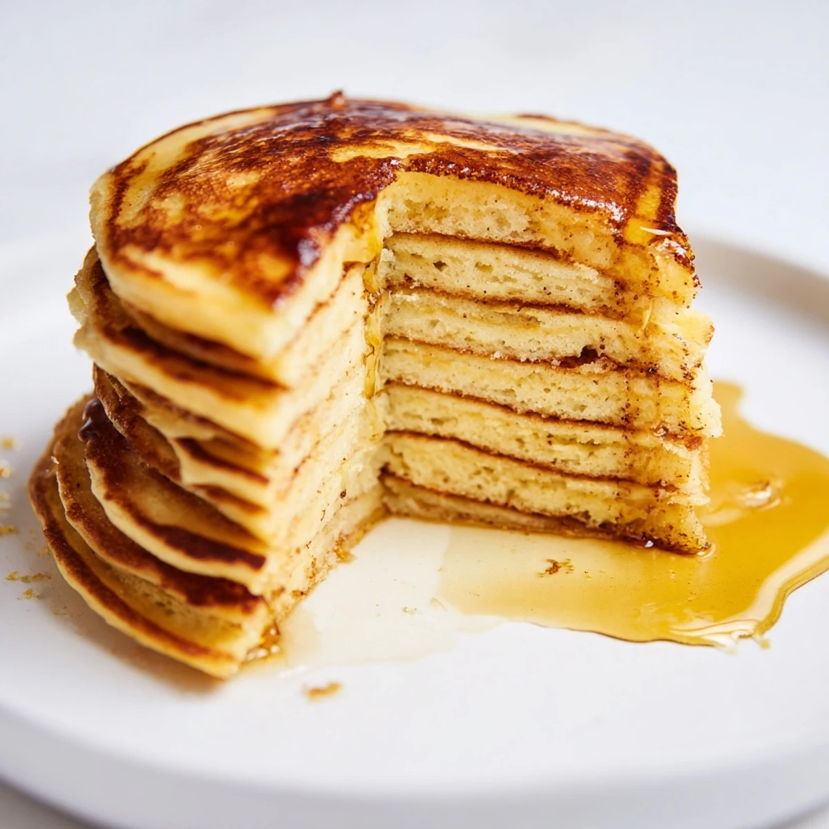 Fluffy Protein Power Pancakes stacked high, drizzled with maple syrup and topped with fresh berries.