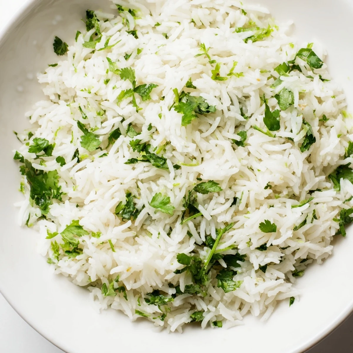 Steamed white rice tossed with vibrant cilantro and fresh lime juice, served warm in a ceramic bowl for a Mexican-inspired side dish.