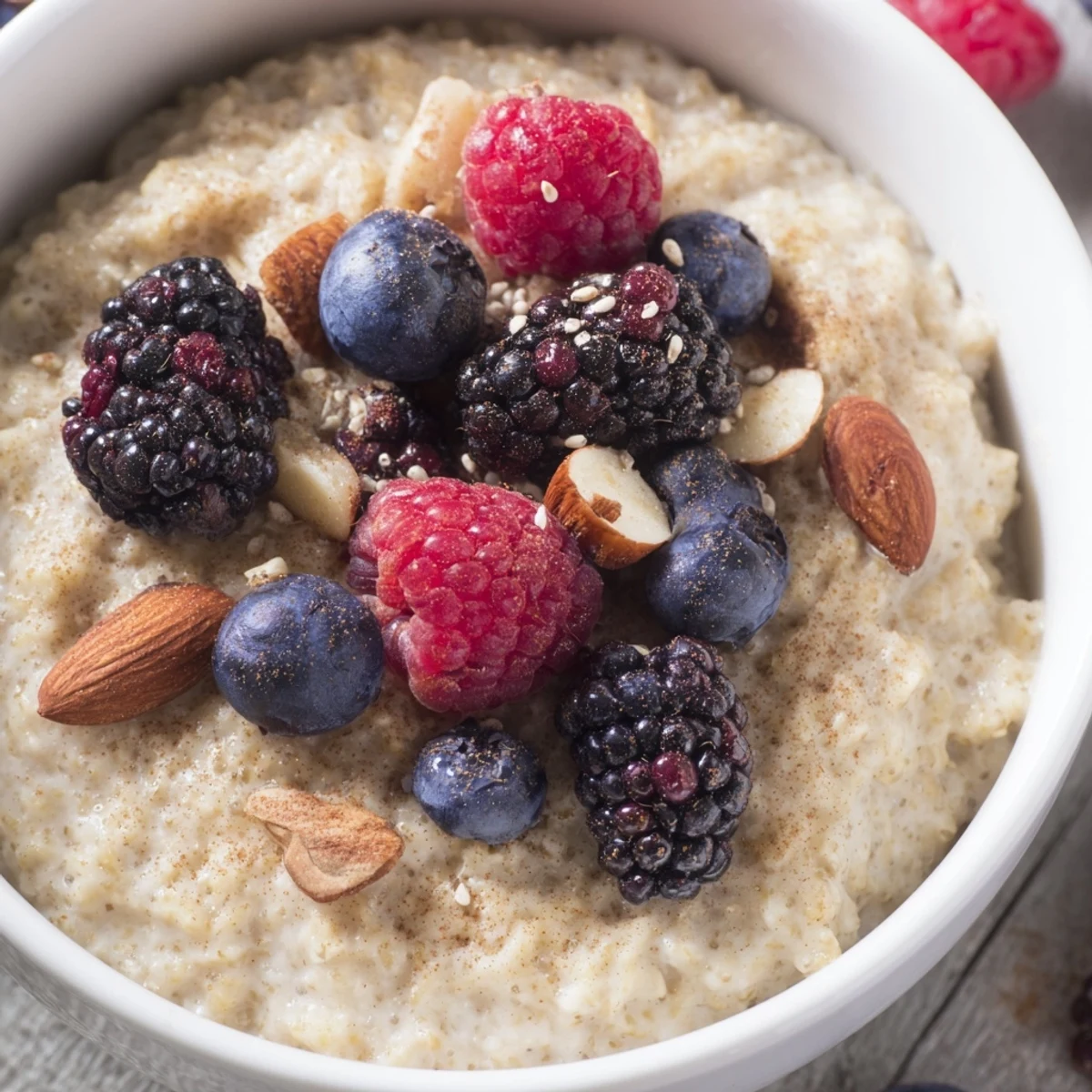 Creamy, steaming Millet Porridge With Berries topped with fresh mixed berries and a sprinkle of chopped nuts for a hearty, gluten-free breakfast.