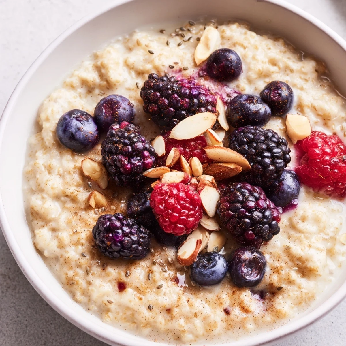 Nutritious Millet Porridge With Berries served with almond milk, a drizzle of honey, and chia seeds for a wholesome start to the day.
