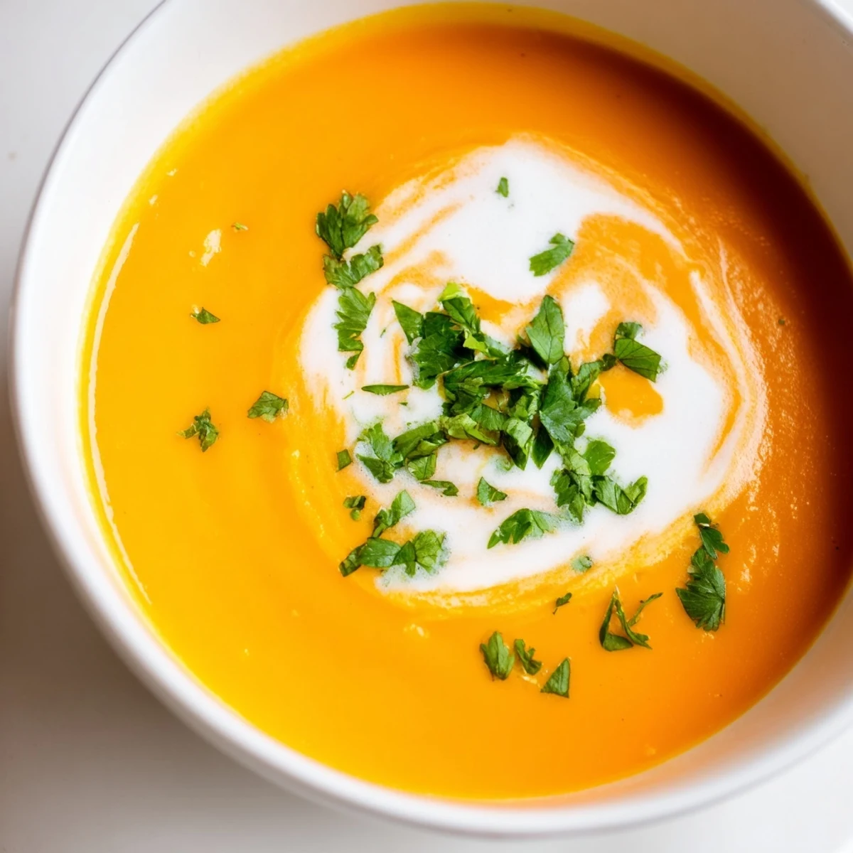 A bowl of vibrant orange Carrot Ginger Soup garnished with fresh parsley and a swirl of creamy coconut milk.  