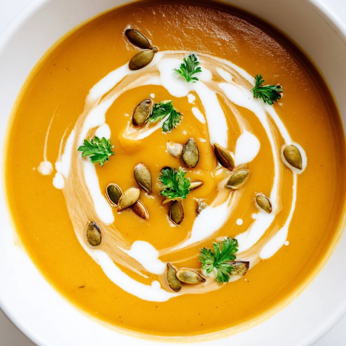 Smooth, velvety Butternut Squash and Apple Soup in a white ceramic bowl, garnished with a swirl of cream.