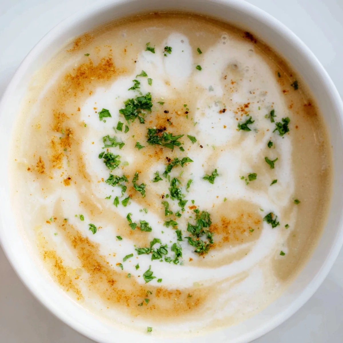 Creamy roasted garlic soup steams in a rustic bowl, garnished with fresh parsley and optional croutons for texture.  