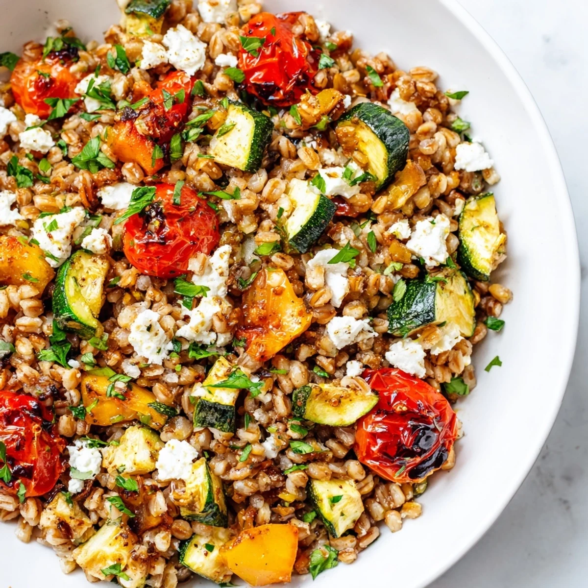 Freshly prepared Farro With Roasted Vegetables served warm, showcasing tender carrot slices and red onion wedges on a rustic plate.