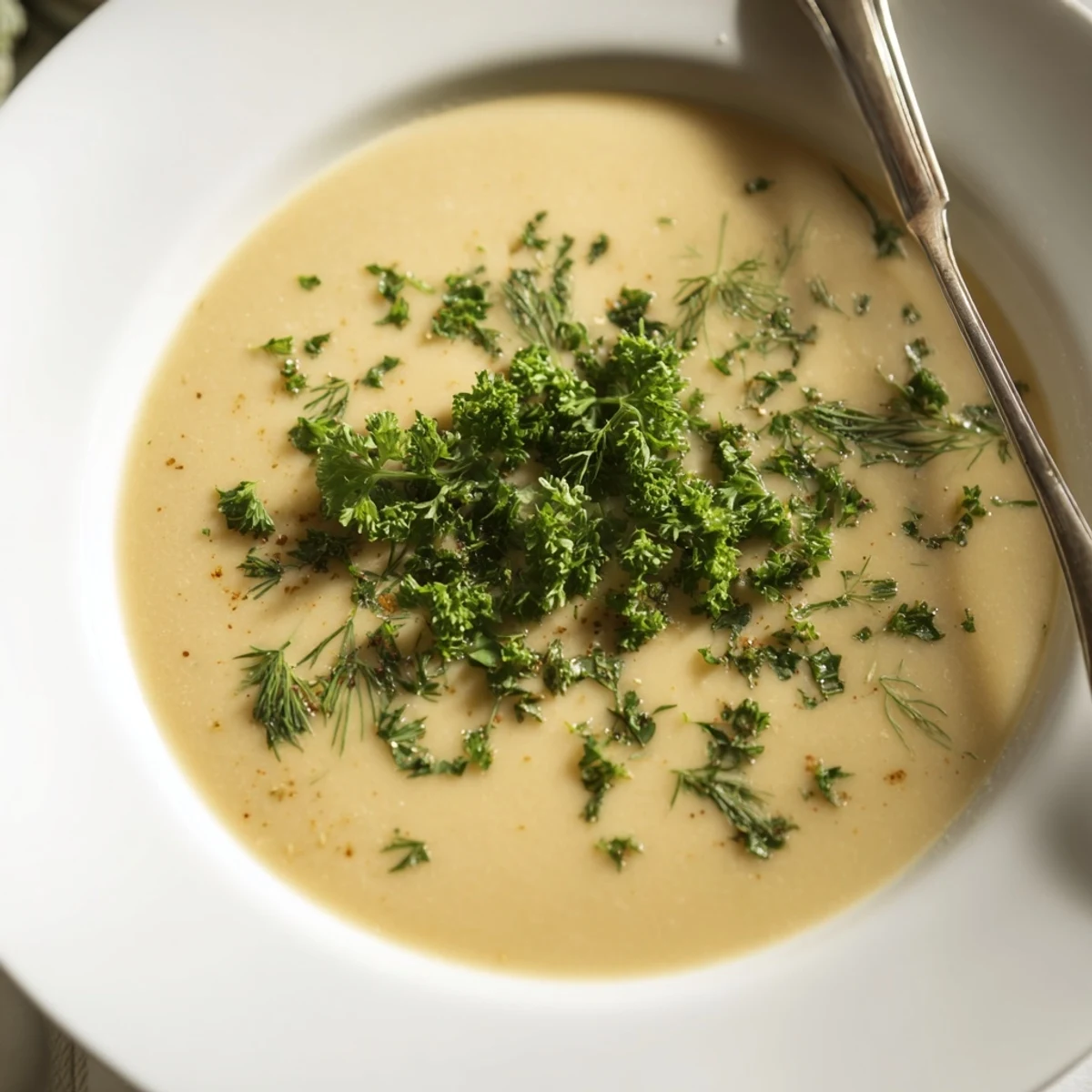 A comforting bowl of parsnip and herb soup, topped with fresh chives and parsley, ready to enjoy.