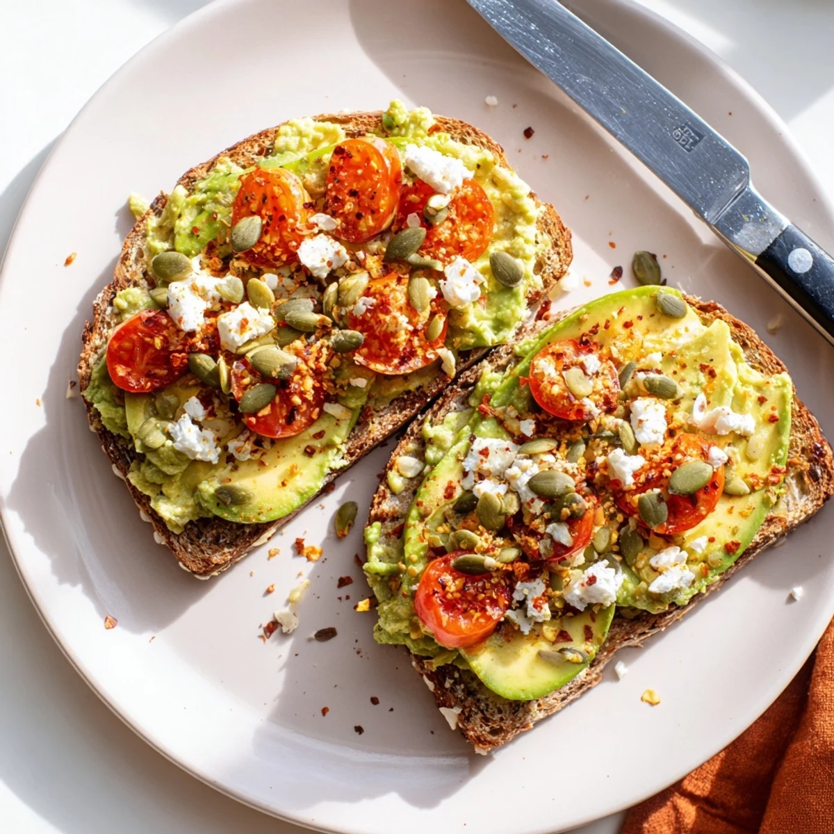 Freshly mashed avocado on crispy whole grain toast, garnished with tangy feta, sliced tomato, and a sprinkle of red pepper flakes.  