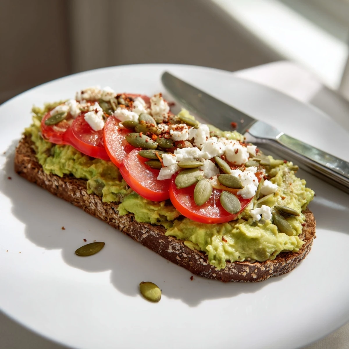 Creamy, seasoned avocado spread over golden toasted whole grain bread, topped with fresh tomato and crunchy seeds for a satisfying breakfast.  