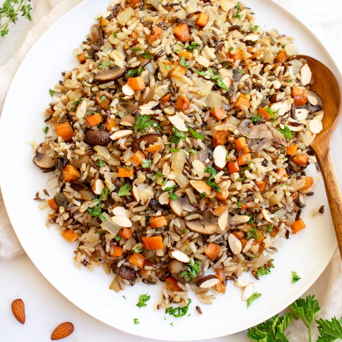 Earthy sautéed mushrooms and tender wild rice pilaf, garnished with fresh parsley for a hearty vegetarian side dish.