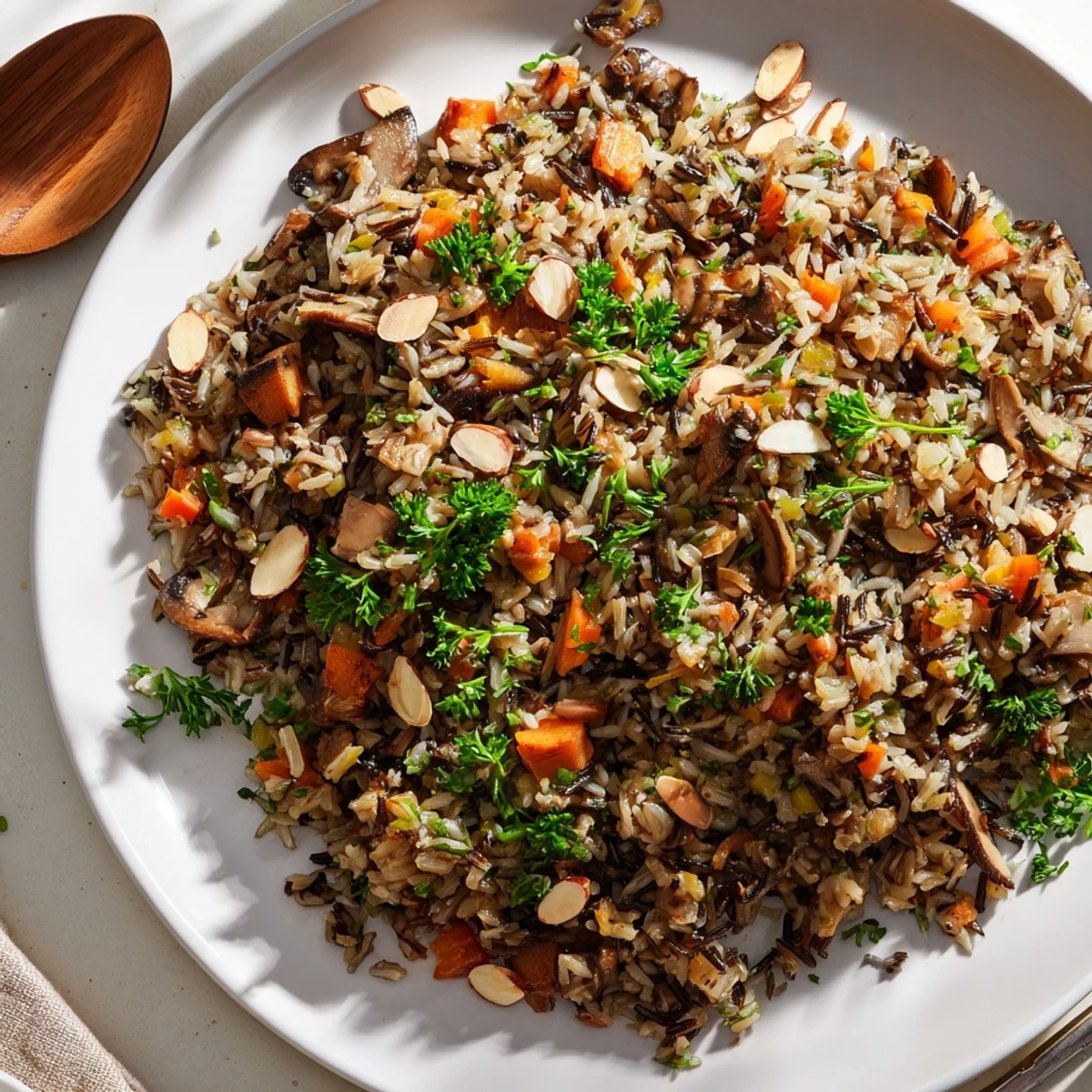 A generous serving of fluffy wild rice pilaf mixed with golden mushrooms, ready as a gluten-free dinner side.