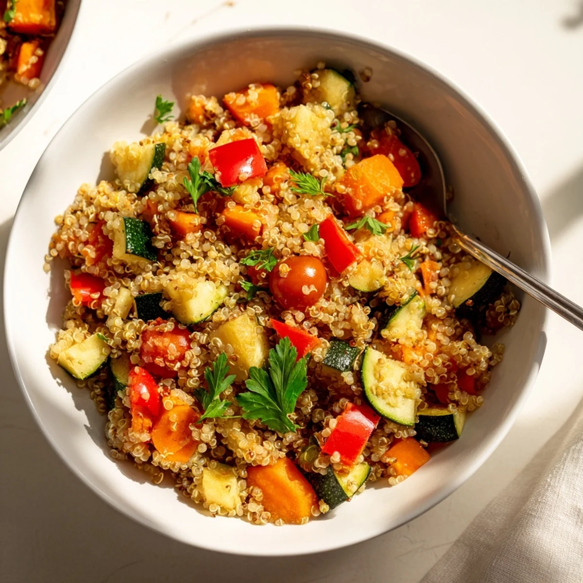 Fluffy quinoa vegetable pilaf with roasted zucchini, bell peppers, and carrots, garnished with fresh parsley.