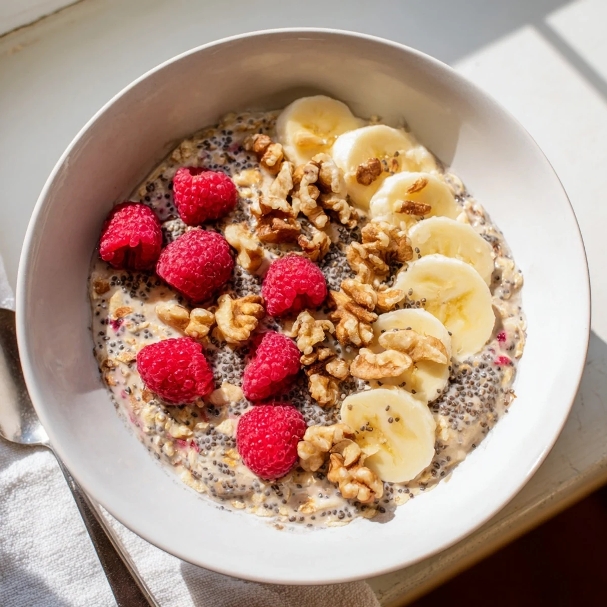 Serve overnight oats with chia seeds topped with nuts and raspberries in a chilled bowl for a fiber-rich, protein-packed breakfast.