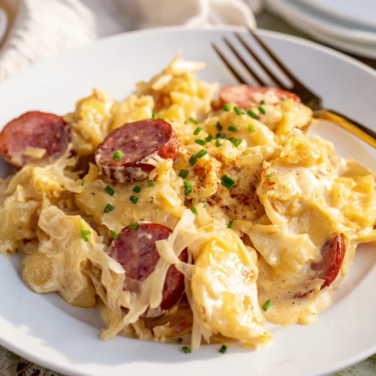 Golden, bubbling Crockpot Pierogi Casserole With Kielbasa with creamy sauce, ready to serve for a comforting dinner.