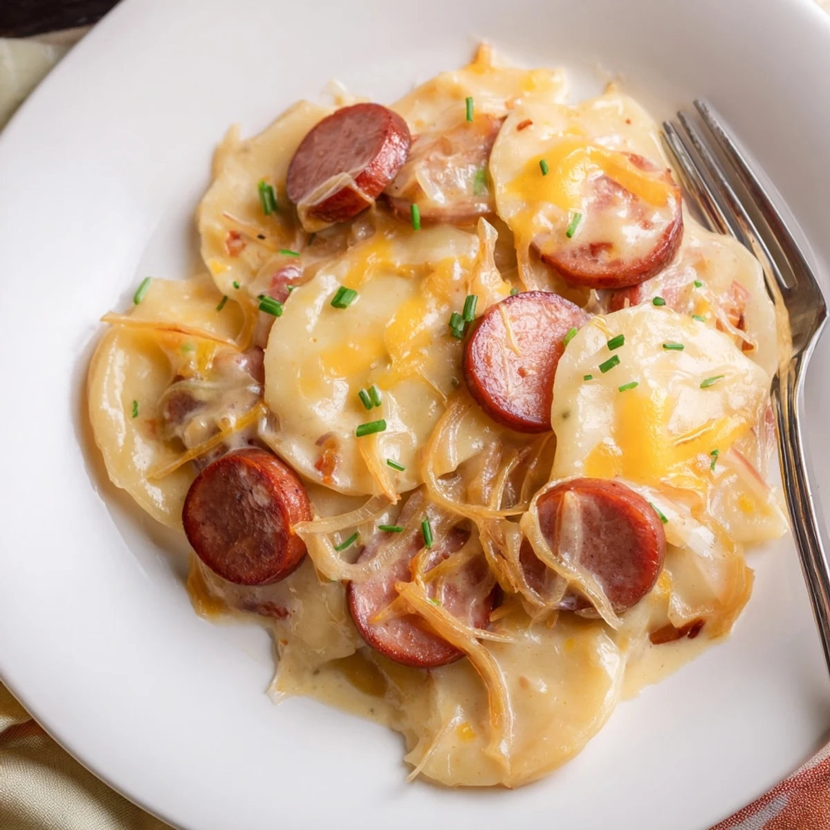Sliced smoky kielbasa and pillowy potato pierogi layered in a cheesy, creamy sauce inside a slow cooker.