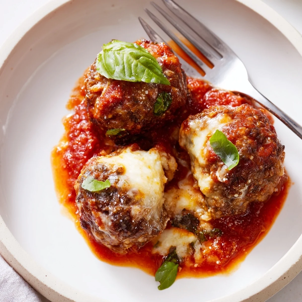 Golden-brown cheesy garlic meatballs simmering in a rich, chunky marinara sauce, garnished with fresh basil.