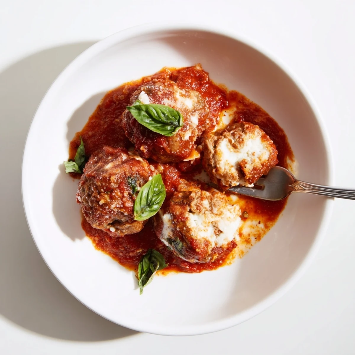 Steaming Italian-style meatballs with visible garlic and herbs, nestled in a vibrant red tomato sauce on a rustic plate.