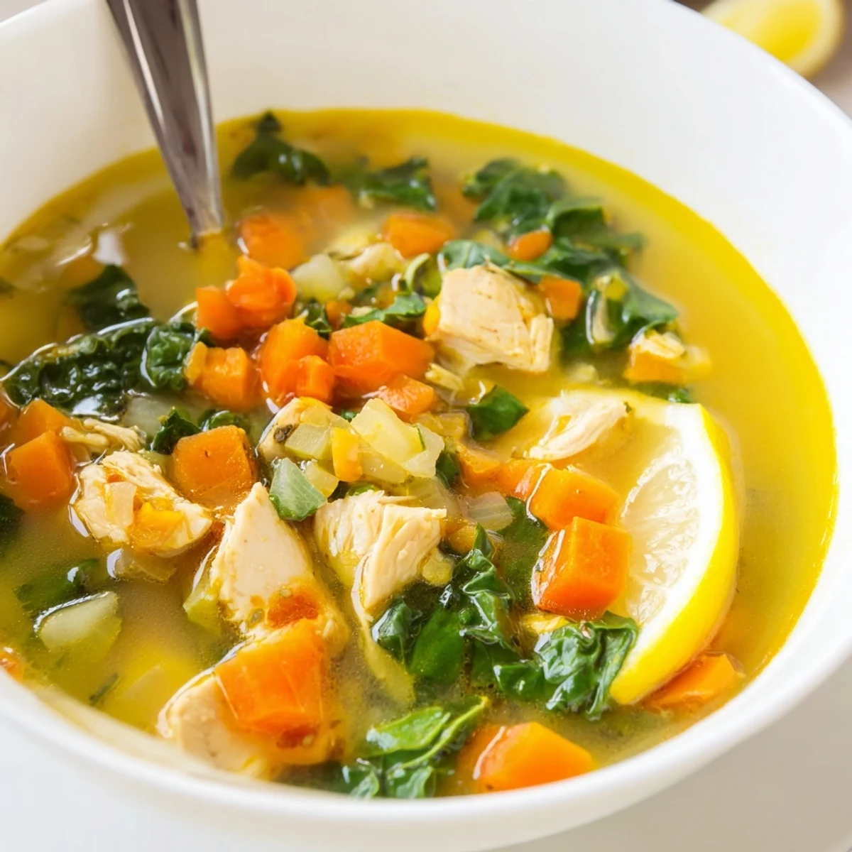 A close-up of High Protein Lemon and Turmeric Chicken Soup garnished with fresh parsley and bright lemon wedges for a zesty finish.  