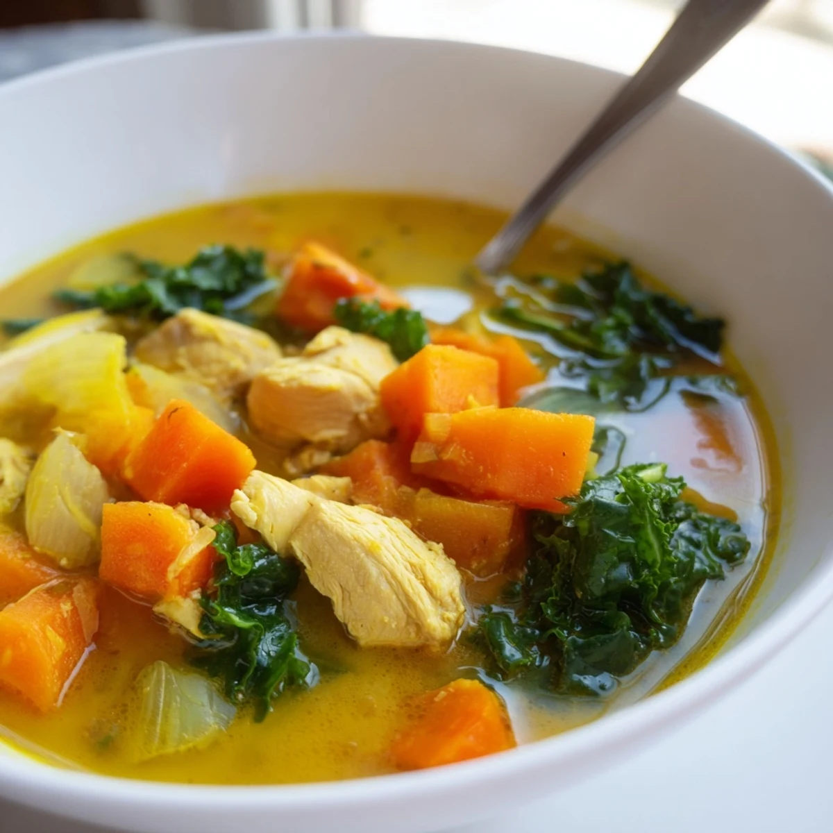 Steaming bowl of High Protein Lemon and Turmeric Chicken Soup with tender chicken pieces, golden turmeric broth, and wilted baby kale.  