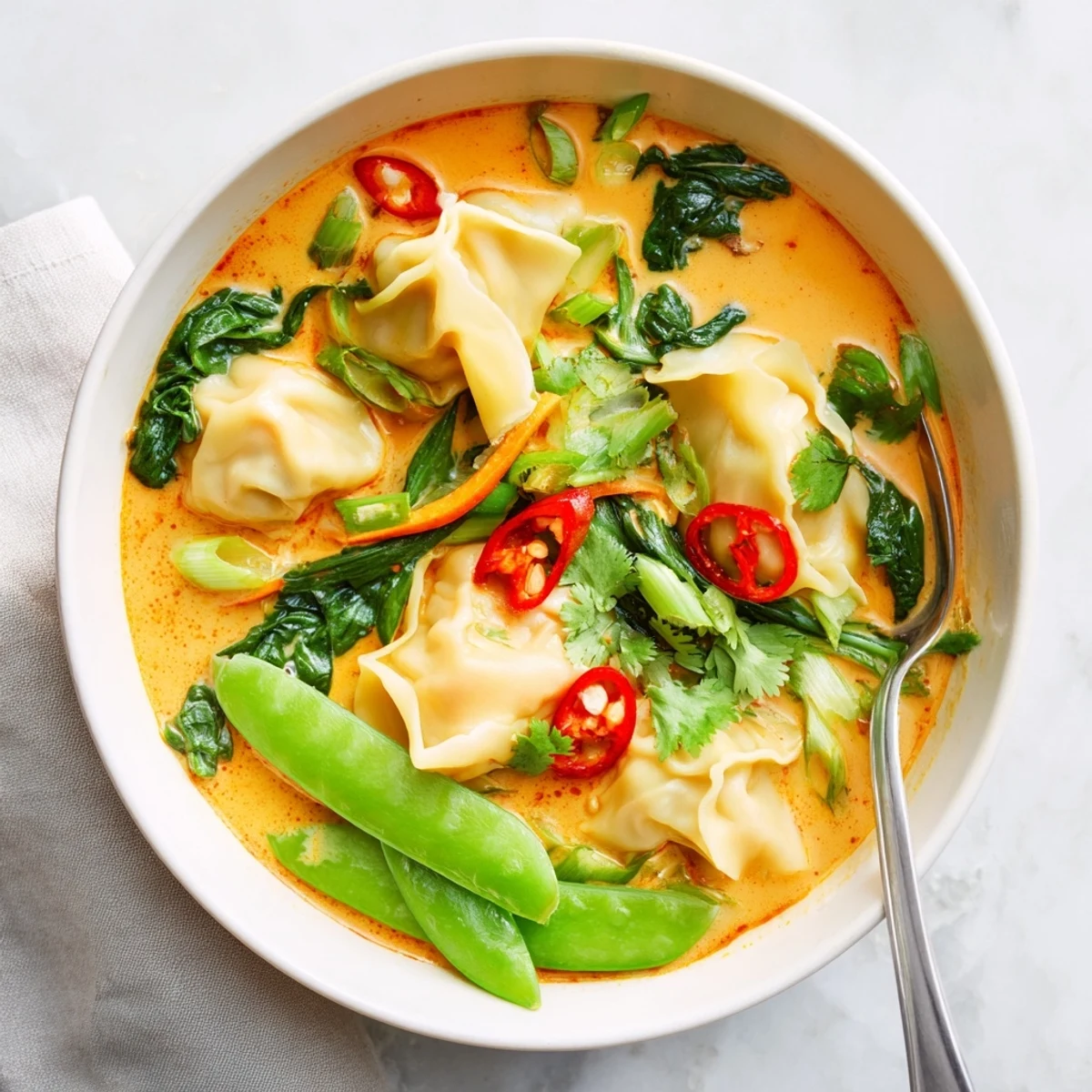 In a steaming bowl of Red Curry Wonton Soup With Greens, plump wontons float in a rich, fragrant coconut curry broth filled with tender bok choy and snow peas.